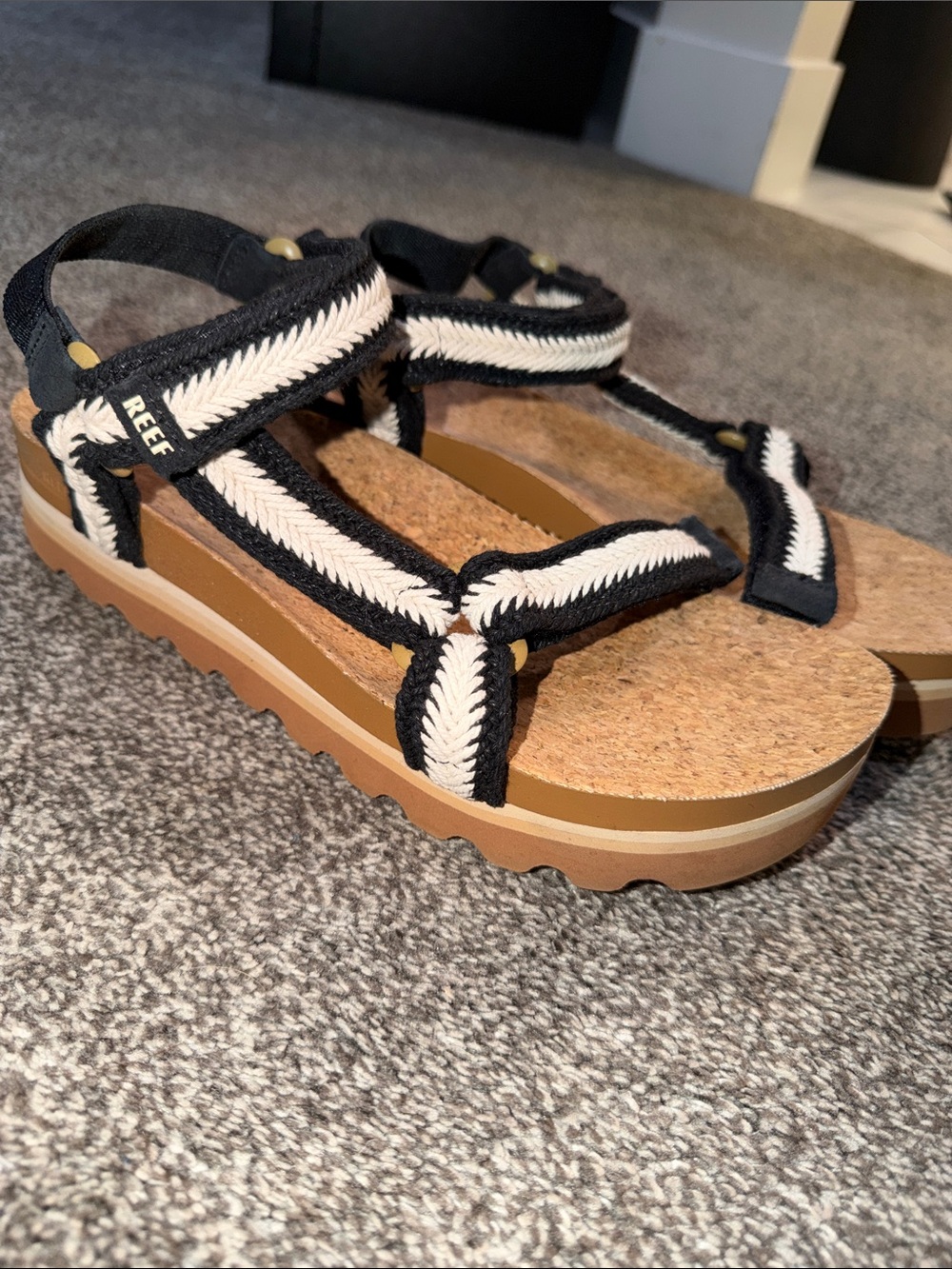 Reef Women’s Black and White Platform Cork-Style Strap Sandals